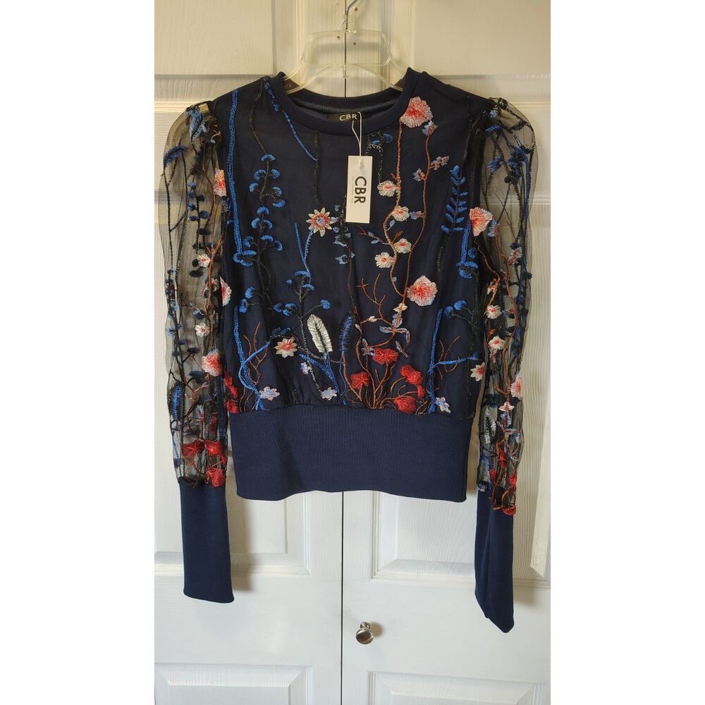 NWT CBR floral embroidered mesh long-sleeve blouse medium